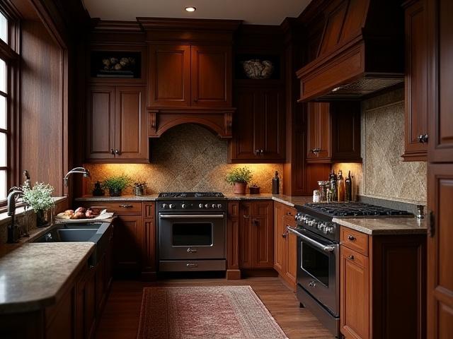 Klassisk kjøkken med mørke trefronter og tradisjonell stil