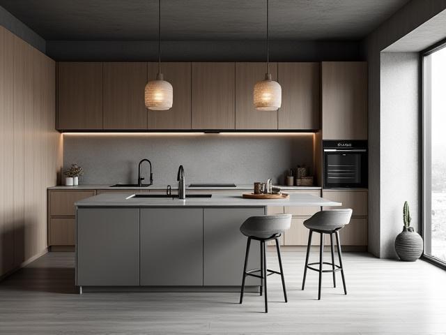 Minimalistisk mørkt kjøkken med fokus på rene linjer og smart oppbevaring