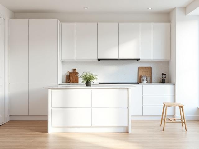 Lyst og funksjonelt moderne kjøkken med integrerte hvitevarer