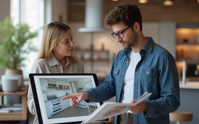 Designer som presenterer 3D-kjøkkendesign på en tablet til en kunde